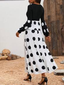 SHEIN LUNE 波點印花燈籠袖束腰帶洋裝 - 黑與白 - 查看 2