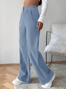 EURMUSE Solid Color Corduroy Trousers - Blue - View 2