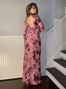 女士復古花卉印花連身裙,荷葉邊和鈴鐺袖 - 彩色 - 查看 4