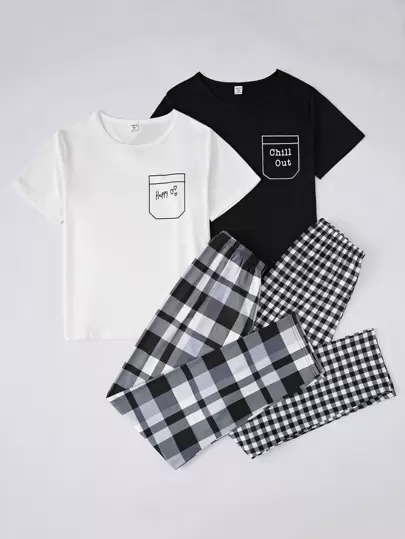 4 Unids/set Camiseta De Manga Corta Con Estampado De Letras Simples Para Adolescentes, Pantalones Estampados De Rejilla, Ropa De Casa Acogedora