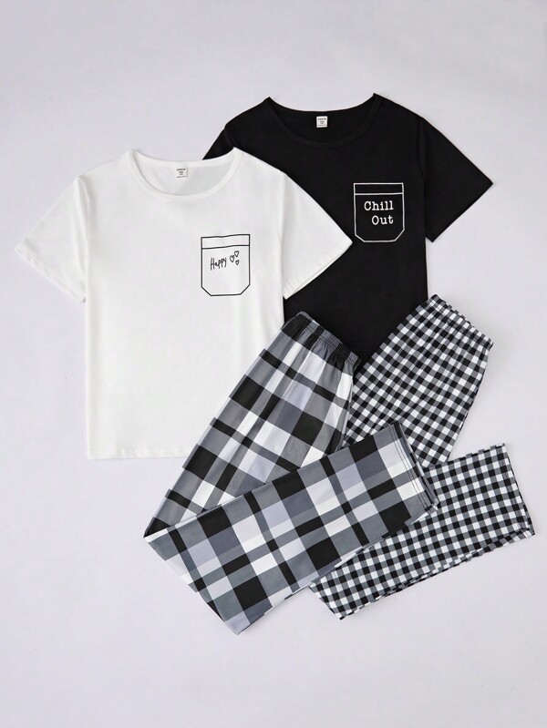 4pcs/Set Teenage Boys' Simple Letter Print Short Sleeve T-Shirt, Grid Patterned Pants Cozy Homewear