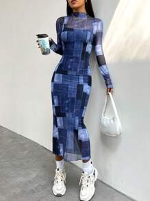 SHEIN EZwear Women's Patchwork Floral Print Slim Fit Bodycon Dress