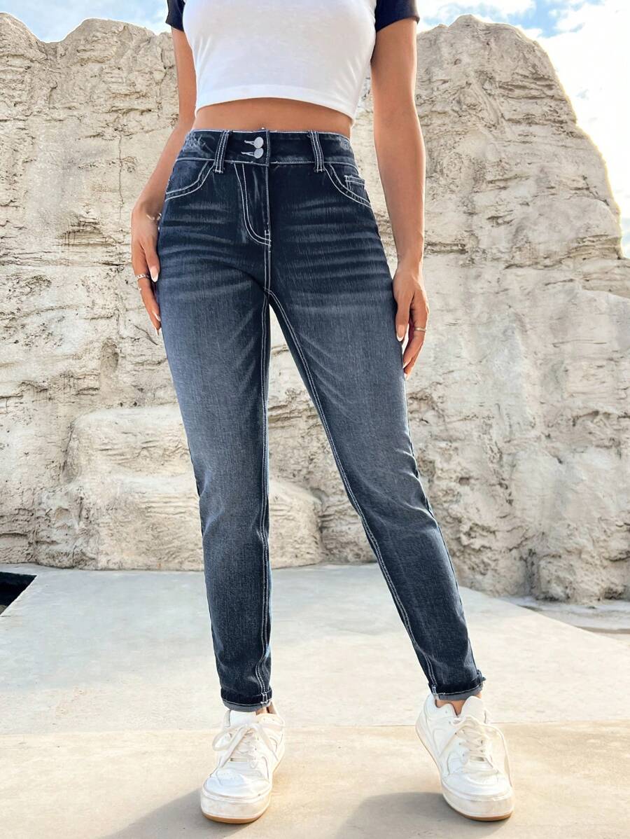 SHEIN EZwear Của phụ nữ Thon gọn Quần jean - Màu xanh lam - Xem 1