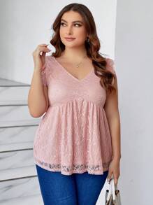 SHEIN Clasi Plus Size V-Neck Ruffle Hem Decorated Lace Elegant Blouse