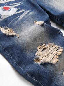 Tween Boy Street Style Shark Embroidered Distressed Jeans - Medium Wash - View 8