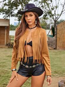 RELISH NOLESS 女式春夏牛仔女郎节日乡村音乐会假日外套休闲性感波西米亚风度假绒面流苏夹克 - 駝色 - 查看 6