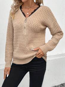 SHEIN LUNE Ladies' Lace Spliced Zipper Detail Texture Knit Pullover Fall Winter Sweater - Khaki - View 6