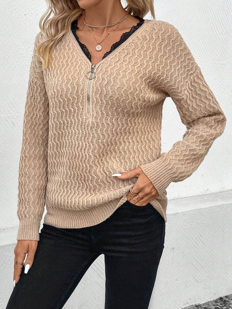 Ladies' Lace Spliced Zipper Detail Texture Knit Pullover Fall Winter Sweater