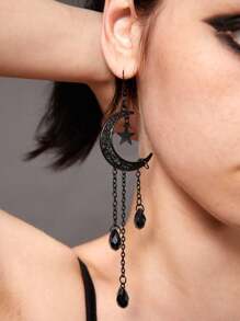 ROMWE Academia 1pair Black Crystal Crescent Moon Shaped Hollow Out Stars & Tassel Pendant Earrings - Black - View 1