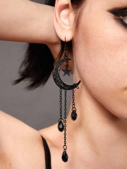 Academia 1pair Black Crystal Crescent Moon Shaped Hollow Out Stars & Tassel Pendant Earrings