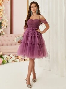 SHEIN Belle Women's Open Shoulder Layered Mesh Tulle Dress For Cocktail Party - Purple - View 9