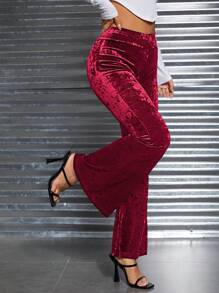 SHEIN PETITE 女士天鵝絨喇叭褲 - 酒紅色 - 查看 6