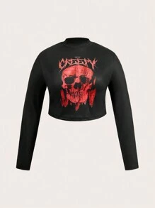 SHEIN Coolane 大尺寸黑色骷髏字母印花針織t卹 - 紅色 - 查看 1