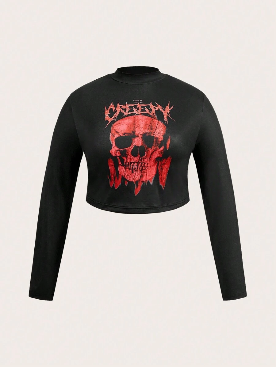 SHEIN Coolane 大尺寸黑色骷髏字母印花針織t卹 - 紅色 - 查看 1