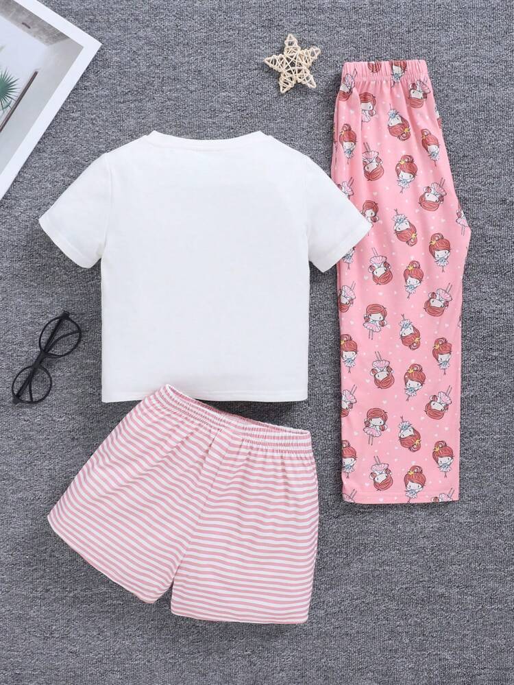 Young Girl Daily Casual Knitted Round Neck Cartoon Girl Short-Sleeved Top, Pants And Shorts Three-Piece Pack