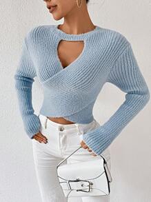 Chiquease Women's Cutout Crossover Knit Pullover Fall Winter Sweater - Blue - View 3
