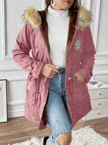 Calvaya Plus Size Drawstring Waist Fuzzy Trim Hooded Parka Puffer Jacket Coat For Winter Clothes - Pink - View 5