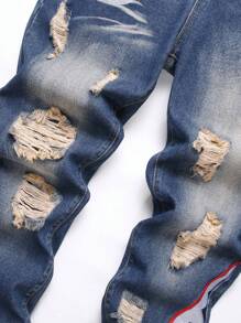 Tween Boy Street Style Shark Embroidered Distressed Jeans - Medium Wash - View 7