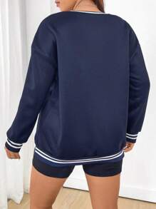 Flirla Women'S Plus Size Color Block Letter Printed Sweatshirt With Decorative Edges