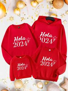 SHEIN Essnce 1件女士寬鬆款新年字母印花保暖圓領毛絨衫 - 紅色 - 查看 5