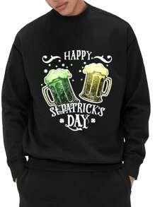 Men'S Slogan Beer Printed Round Neck Sweatshirt - Black - View 1