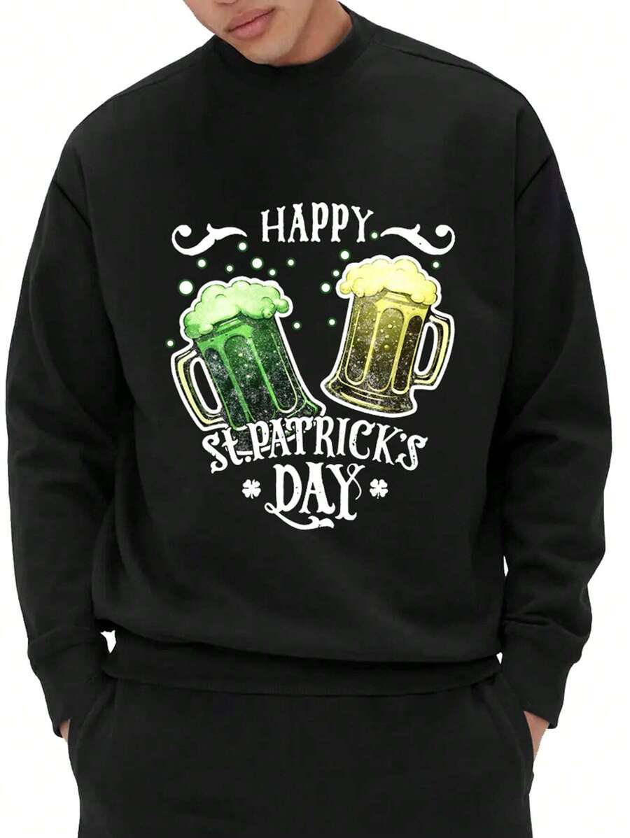 Men'S Slogan Beer Printed Round Neck Sweatshirt - Black - View 1