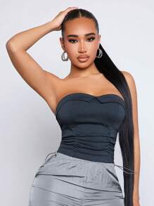 SHEIN SXY 女士實色百褶無肩帶上衣 - 黑色 - 查看 1