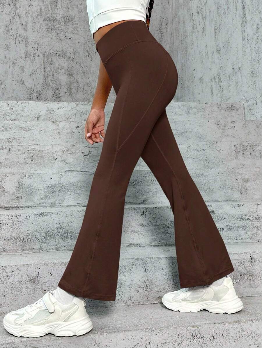 SHEIN Leap Crew Tween Girl 纯色高腰喇叭运动裤 - 棕色 - 查看 1