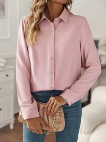 SHEIN Clasi Camisa Rosa A Rayas Con Textura Y Botones - Rosa Pálido - Ver 4