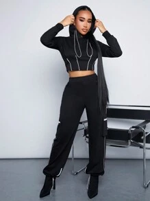 SHEIN SXY 商務輪廓性感派對服配方領拼接連帽衫女式連帽衫 - 黑與白 - 查看 3
