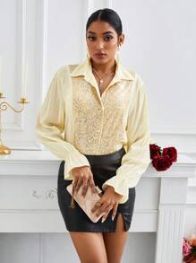 GENKIRA Women'S Long Sleeve Sequined Patchwork Shirt Fall Cloth For Women - Beige - View 4