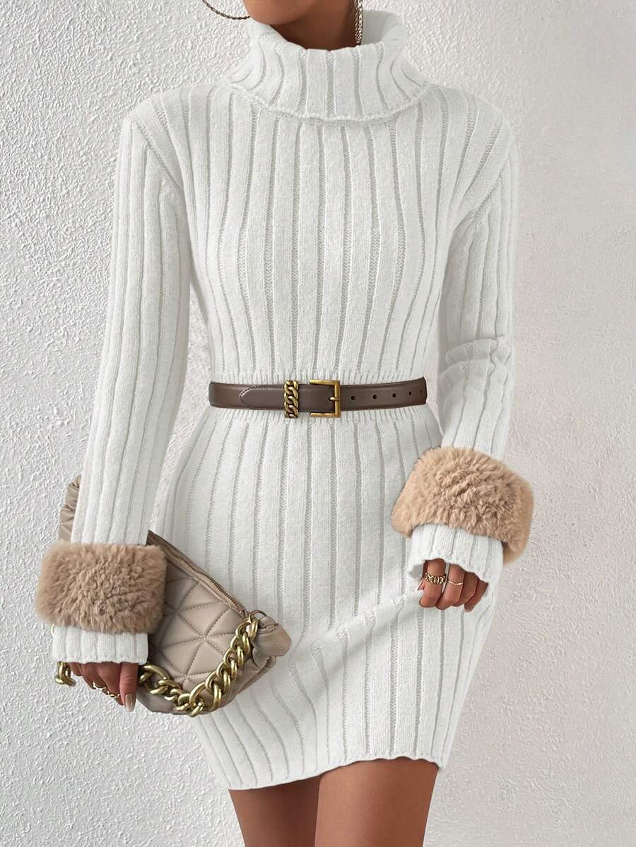 Chiquease 女士純色高領拼接毛衣連衣裙 - 白色 - 查看 1