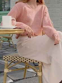 DAZY 女士純色v領放肩毛衣 - 粉色 - 查看 2