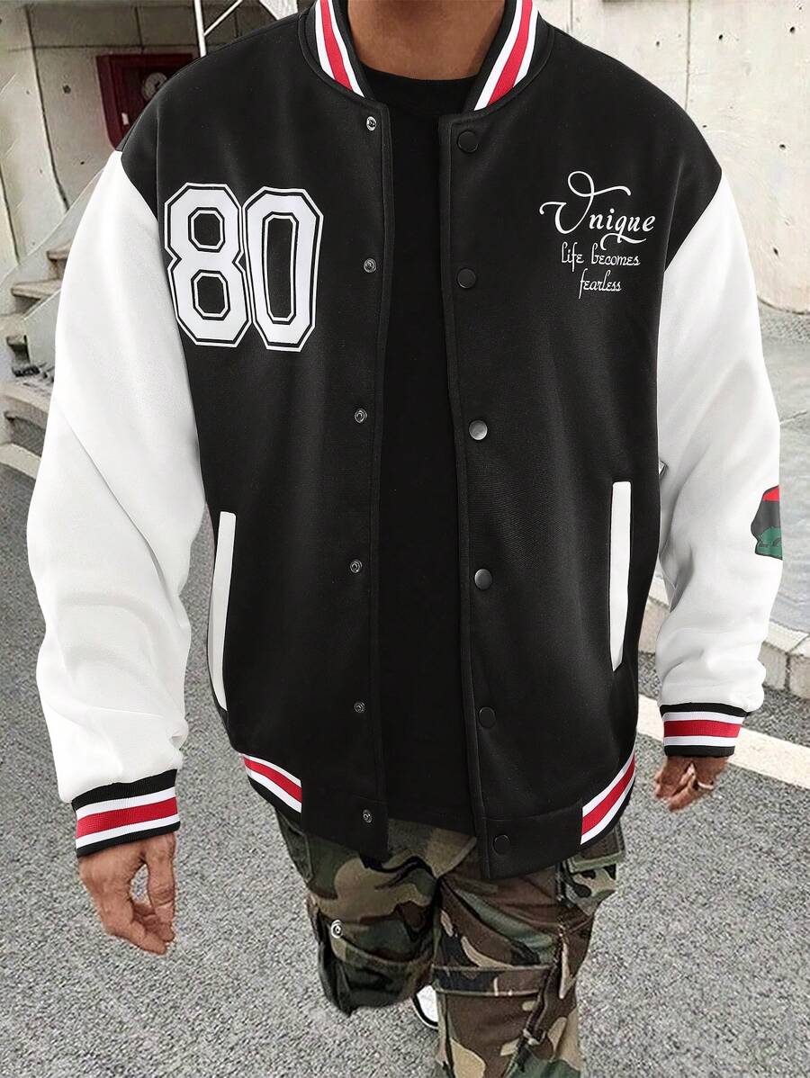 Manfinity Campus Court Aesthetic Post--Men'S Digital Printed Baseball Jacket - Black and White - View 1