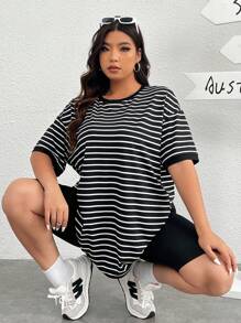 SHEIN EZwear 大码条纹圆领 T 恤，夏季 - 黑色 - 查看 1
