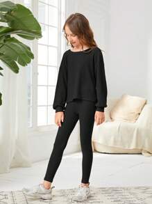 SHEIN Tween Girls' Knitted Ribbed Twist Back Top And Pants Casual Two Piece Set - Black - View 4