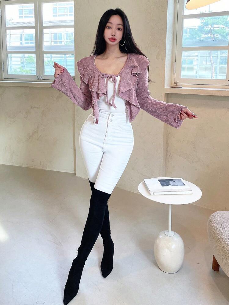 Women's Knotted Front Lace Decorated T-Shirt,Ruffle Long Sleeve Women Tops
