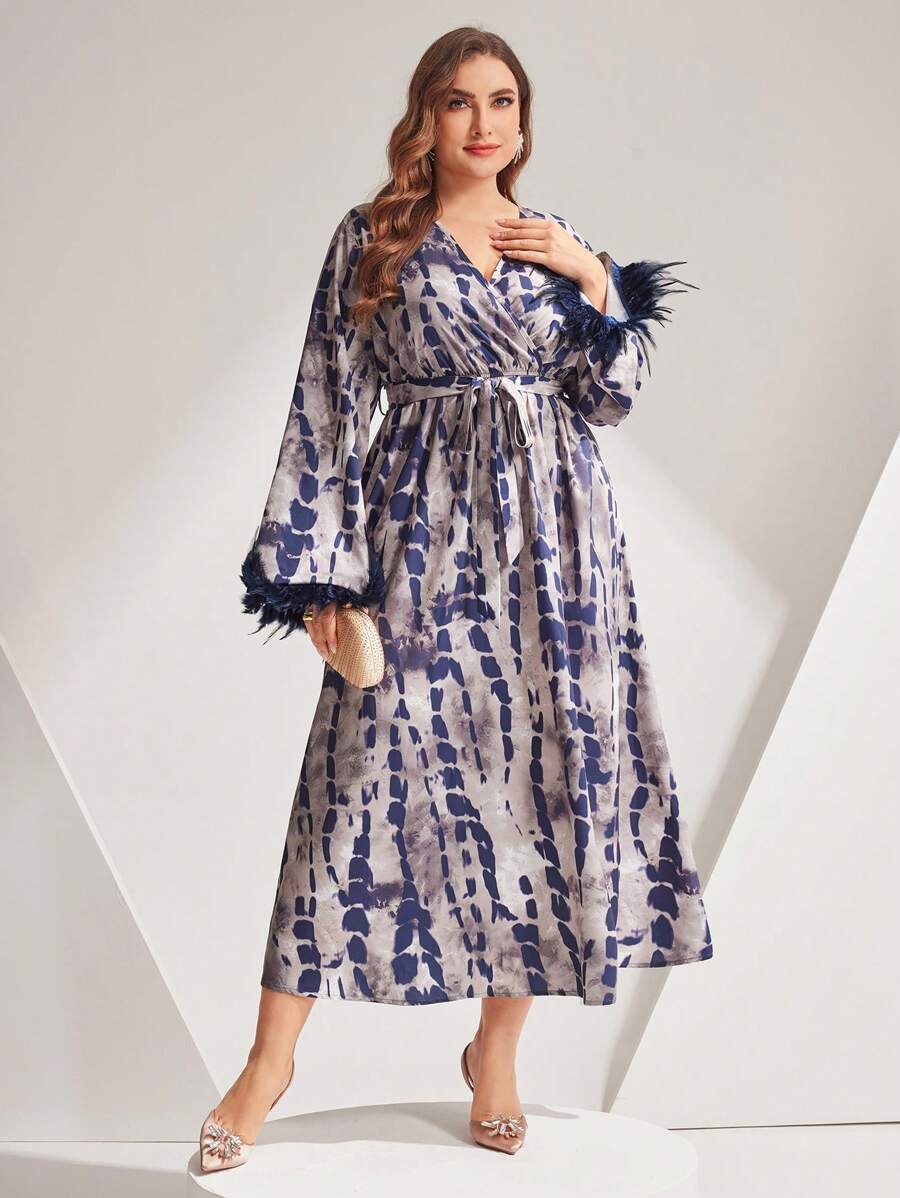 Modelyn Plus Size Tie Dye Furry Cuffs Flared Sleeves Belted Dress - Navy Blue - View 1