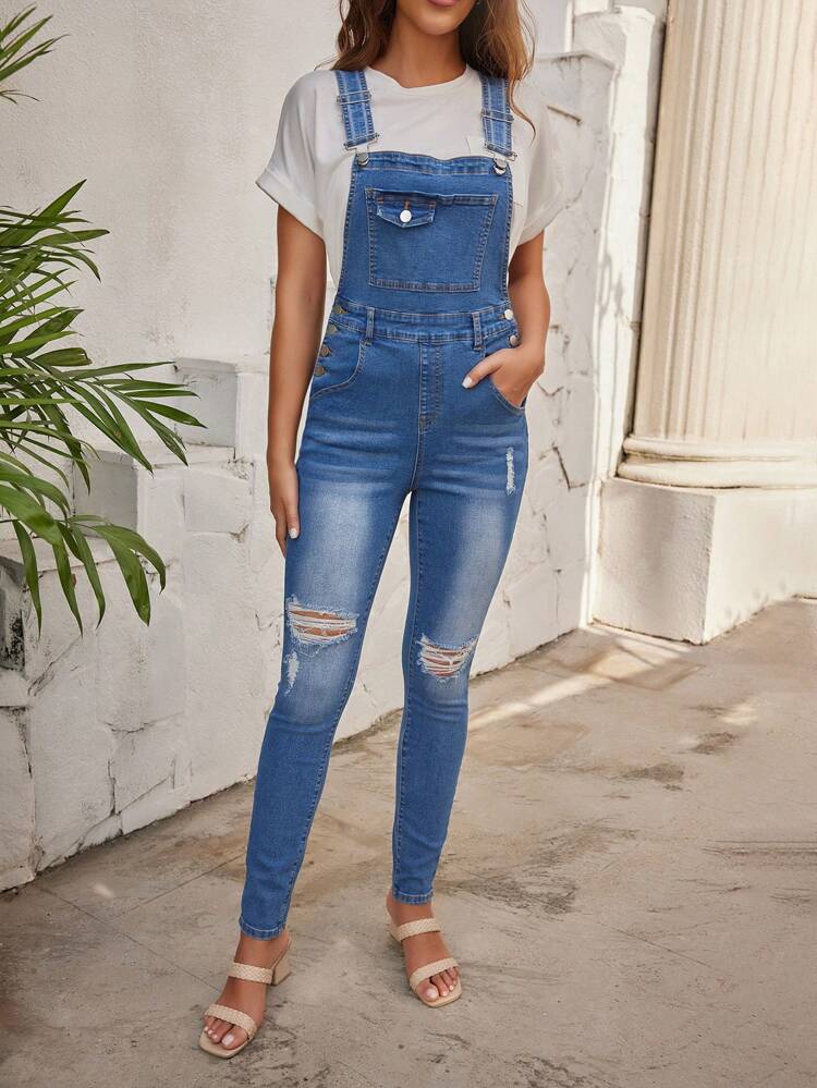 Women'S Ripped Denim Overalls
