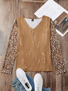 SHEIN LUNE Long Sleeve V-Neck T-Shirt With Glitter Effect Fall Cloth For Women - Khaki - View 1