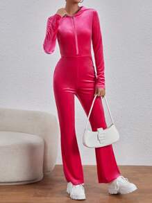 SHEIN EZwear Women'S Velvet Tight-Fitting Hooded Jumpsuit - Hot Pink - View 5