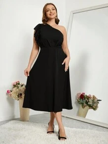 SHEIN Privé 大尺碼女用情人節優雅一字肩 A 字小黑裙 - 黑色 - 查看 4