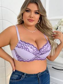 Plus Size Purple Lace Flower Detail Wireless Bra - Lilac Purple - View 4