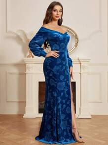 SHEIN Belle Open Shoulder, Lantern Sleeve, Embossed Pattern, Mermaid Style, High Slit Women Formal Evening Dress - Blue - View 5