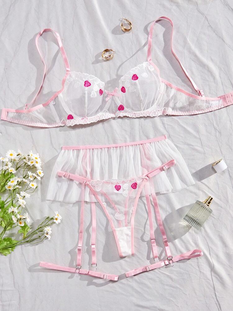 Wedding Season Women's Heart Embroidered Mesh Sexy Lingerie Set