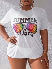 Lynsi Whitaker Artist Vacation Summer Beach Plus Size Leopard Print Glasses & Letter Printed Mesh Cover Up Shirt, For Summer, Holiday, Festival, Ibiza Fits