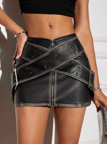 Aveloria Affinna Pu Leather Mini Skirt With Buckle Strap Decoration 