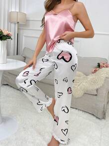Damen Solider Farbe Ärmelloses Camisole Und Mit Herzdruck Hose Pyjama Set
