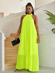 Astrid Women Plus Size Pleated Loose Sleeveless Dress - Lime Green - View 4