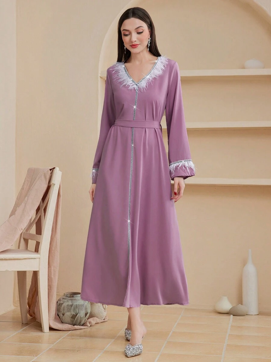 Modelyn 拼接毛絨飾邊休閒連衣裙 - 粉色 - 查看 1